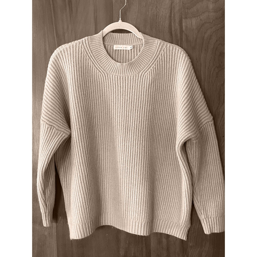 Little Lies Blush Oatmeal Ribbed Knit Boxy Crewneck Relaxed Sweater M/L Cozy